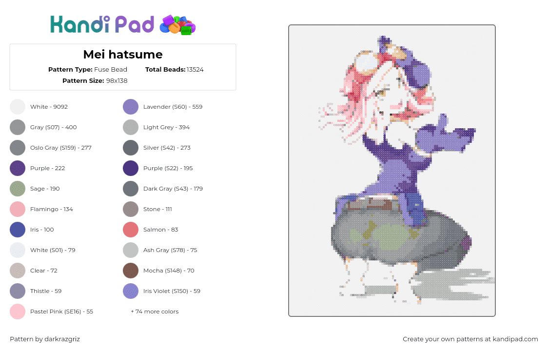 Mei hatsume - Fuse Bead Pattern by darkrazgriz on Kandi Pad - mei hatsume,mha,my hero academia,character,manga,gray,purple