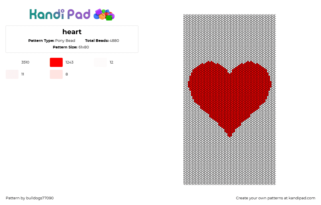 heart - Pony Bead Pattern by bulldogs77090 on Kandi Pad - heart,love,panel,bag,valentine,red,white