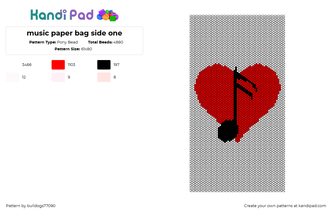 music paper bag side one - Pony Bead Pattern by bulldogs77090 on Kandi Pad - music,heart,love,note,panel,bag,valentine,red,white,black