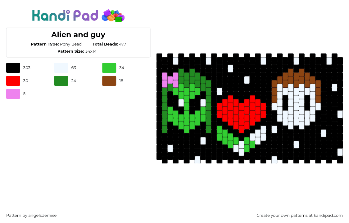 Alien and guy - Pony Bead Pattern by angelsdemise on Kandi Pad - alien,space,love,heart,human,cuff,black,green,white,red