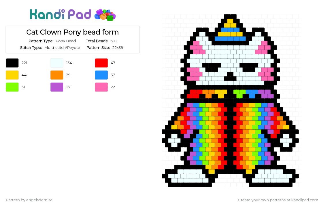 Cat Clown Pony bead form - Pony Bead Pattern by angelsdemise on Kandi Pad - yellow,pink,red,orange