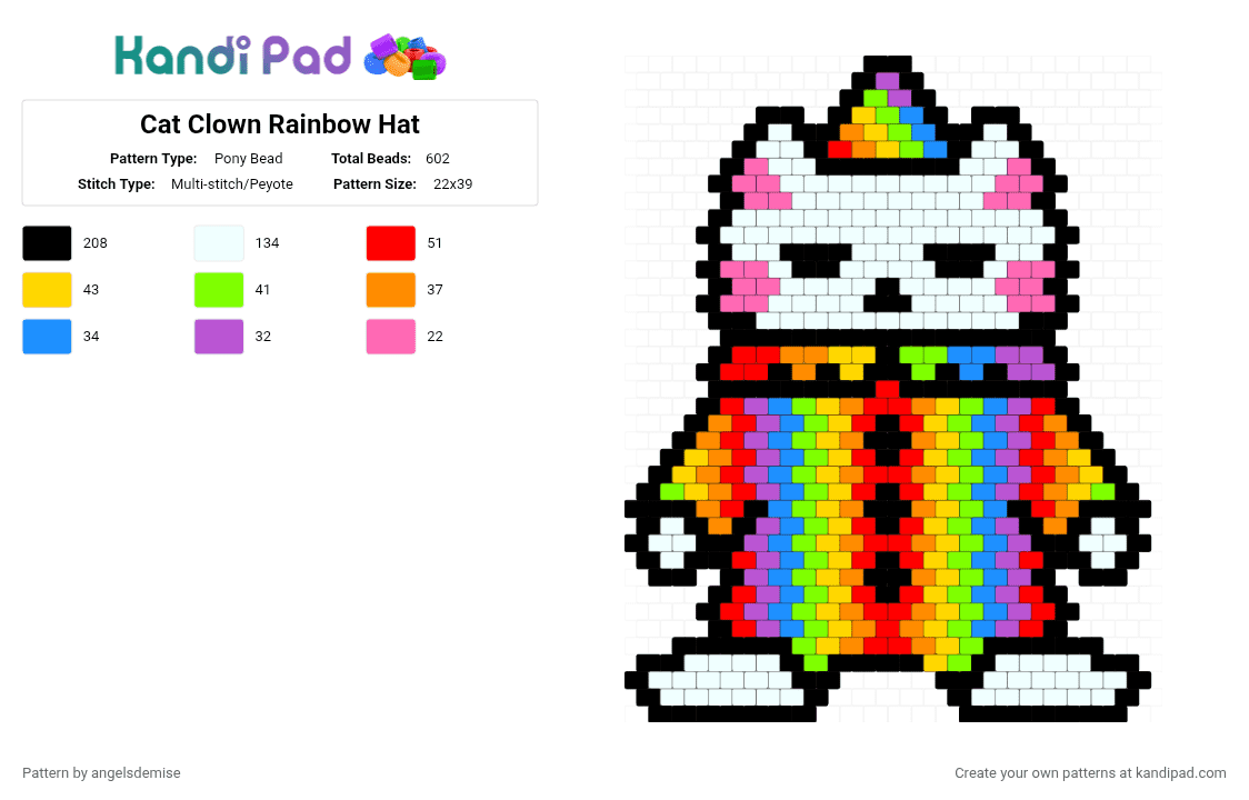 Cat Clown Rainbow Hat - Pony Bead Pattern by angelsdemise on Kandi Pad - pink,green,yellow,red