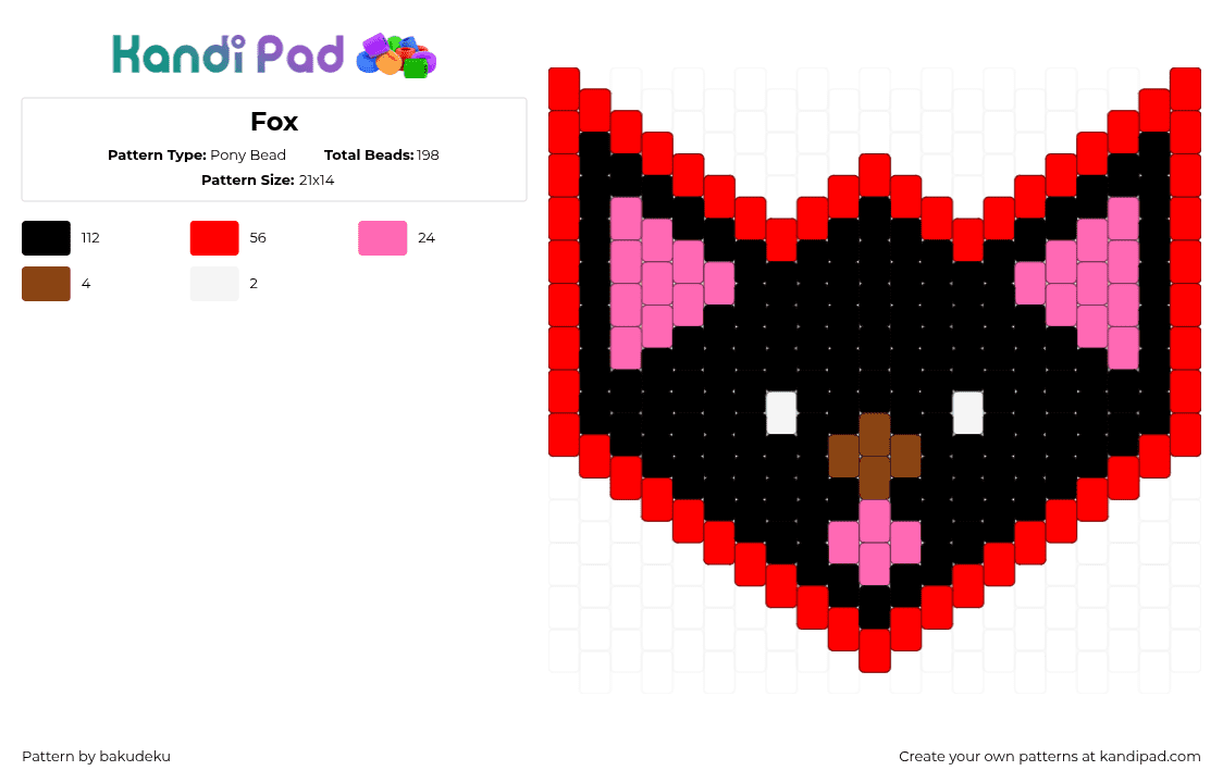 Fox - Pony Bead Pattern by bakudeku on Kandi Pad - fox,animal,head,charm,black,red