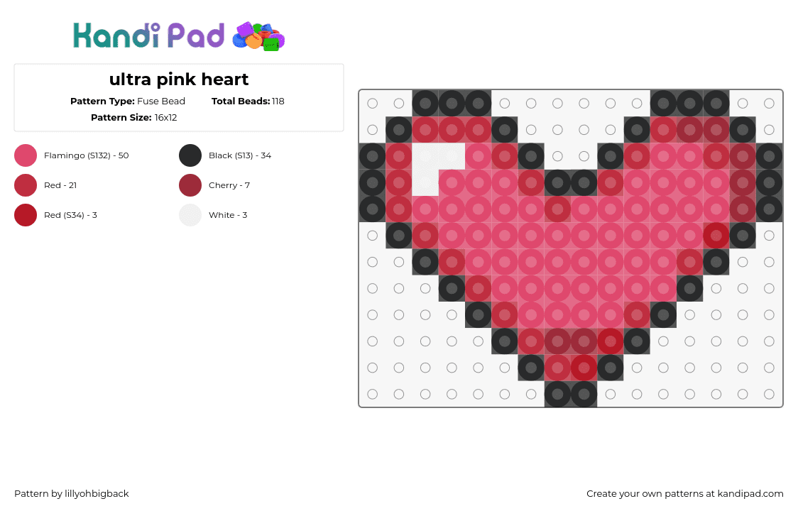 ultra pink heart - Fuse Bead Pattern by lillyohbigback on Kandi Pad - heart,love,valentine,affection,red,pink