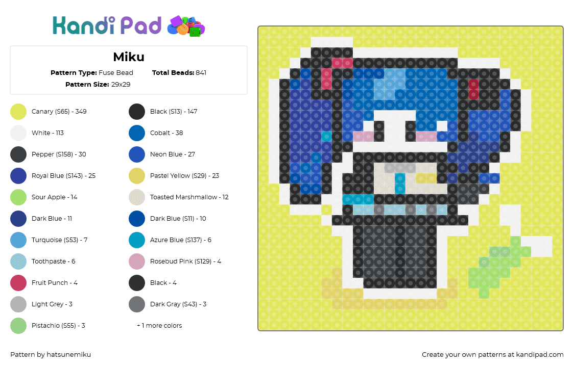 Miku - Fuse Bead Pattern by hatsunemiku on Kandi Pad - hatsune miku,vocaloid,leek,music,chibi,blue,yellow