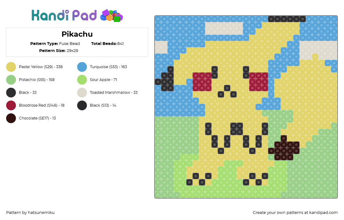 Pikachu - Fuse Bead Pattern by hatsunemiku on Kandi Pad - pikachu,pokemon,panel,landscape,gaming,yellow,light blue,green