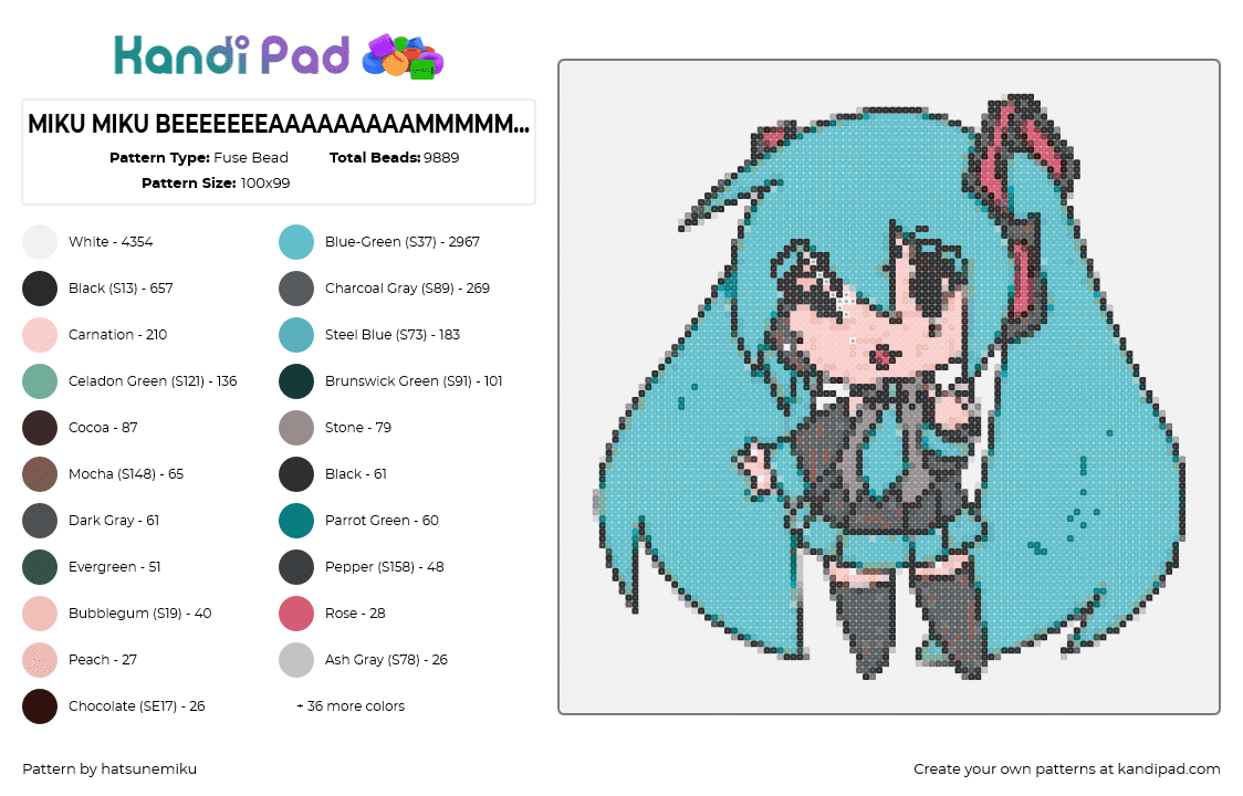 MIKU MIKU BEEEEEEEAAAAAAAAAMMMMMMMMMMM - Fuse Bead Pattern by hatsunemiku on Kandi Pad - hatsune miku,vocaloid,beam,music,character,chibi,teal,gray