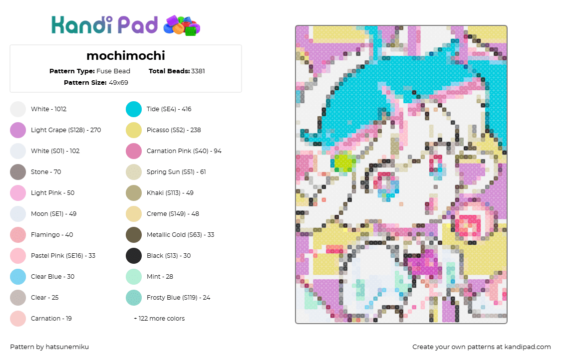 mochimochi - Fuse Bead Pattern by hatsunemiku on Kandi Pad - mochimochi,hatsune miku,vocaloid,portrait,music,white,teal,pink