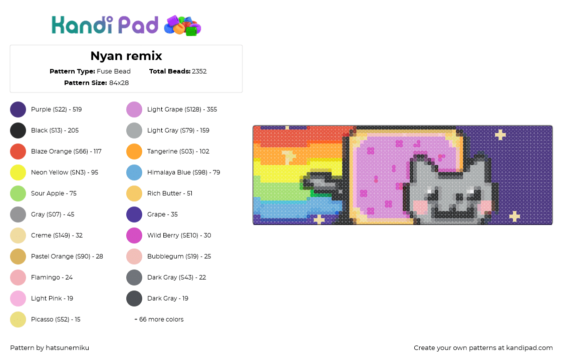 Nyan remix - Fuse Bead Pattern by hatsunemiku on Kandi Pad - nyan cat,meme,rainbow,poptart,space,colorful,pink,gray,purple