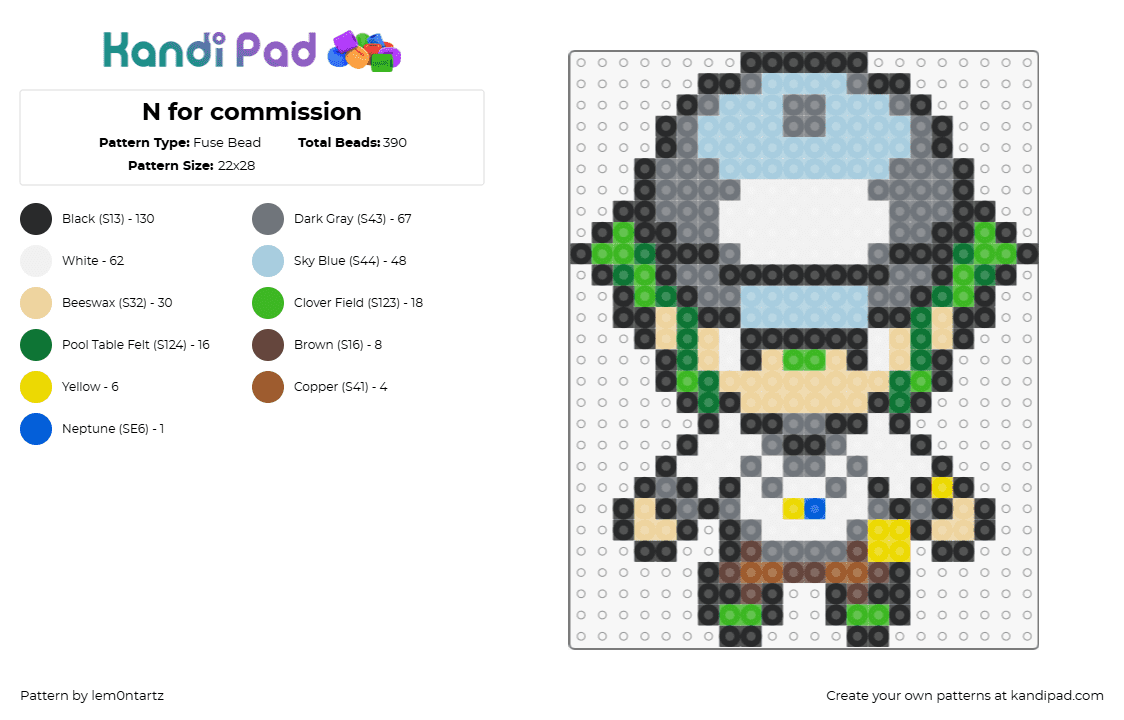 N for commission - Fuse Bead Pattern by lem0ntartz on Kandi Pad - natural harmonia gropius,pokemon,character,n,chibi,gaming,green,white,gray