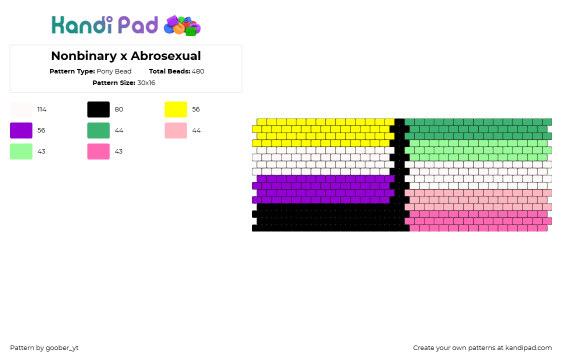 Nonbinary x Abrosexual - Pony Bead Pattern by goober_yt on Kandi Pad - nonbinary,abrosexual,pride,community,cuff,colorful,green,pink,purple,yellow