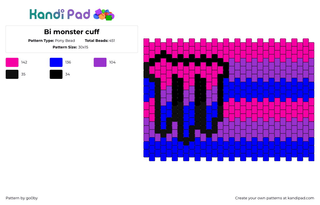 Bi monster cuff - Pony Bead Pattern by go0by on Kandi Pad - monster,bisexual,energy,pride,drink,logo,cuff,pink,blue,purple