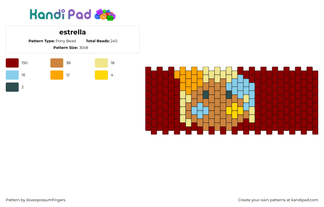 estrella - Pony Bead Pattern by iloveopossumfingers on Kandi Pad - estrella,cuff,red,brown