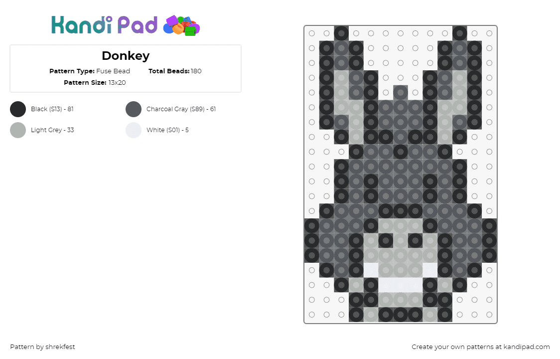 Donkey - Fuse Bead Pattern by shrekfest on Kandi Pad - donkey,shrek,character,movie,animation,gray