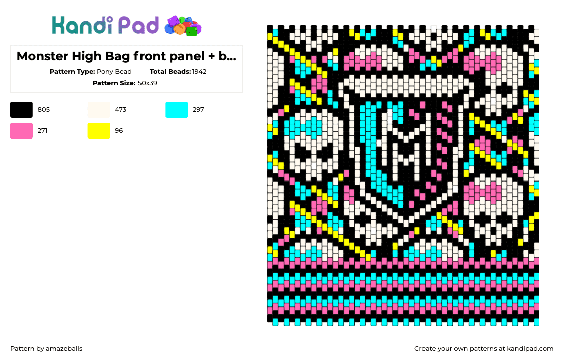 Monster High Bag front panel + bottom - Pony Bead Pattern by amazeballs on Kandi Pad - monster high,skulls,logo,crest,panel,bag,colorful,pink,light blue,white