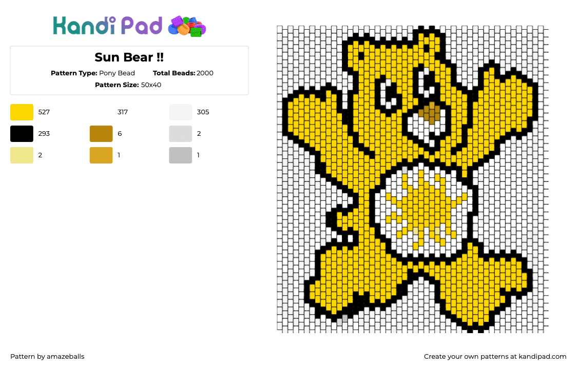 Sun Bear !! - Pony Bead Pattern by amazeballs on Kandi Pad - sun bear,care bears,character,panel,teddy,yellow,white