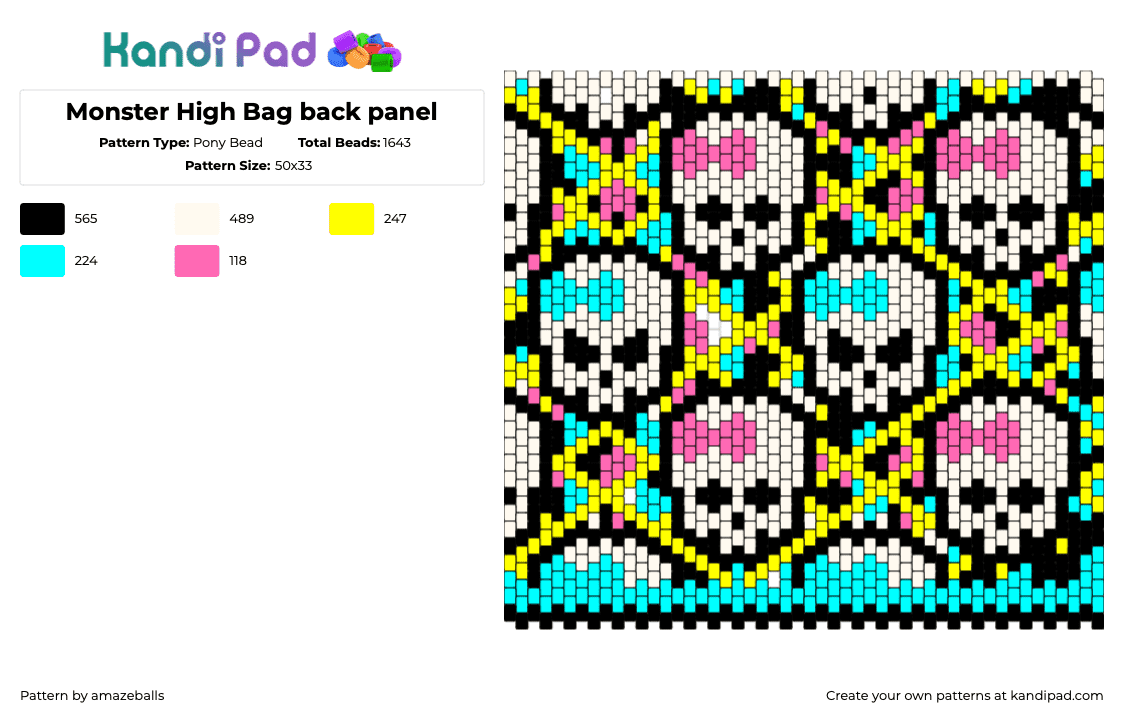 Monster High Bag back panel - Pony Bead Pattern by amazeballs on Kandi Pad - monster high,skulls,repeating,panel,bag,colorful,pink,light blue,white