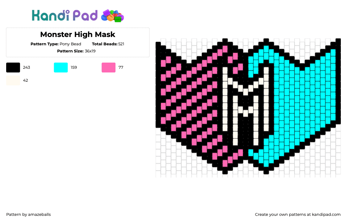 Monster High Mask - Pony Bead Pattern by amazeballs on Kandi Pad - monster high,logo,mask,light blue,pink,black