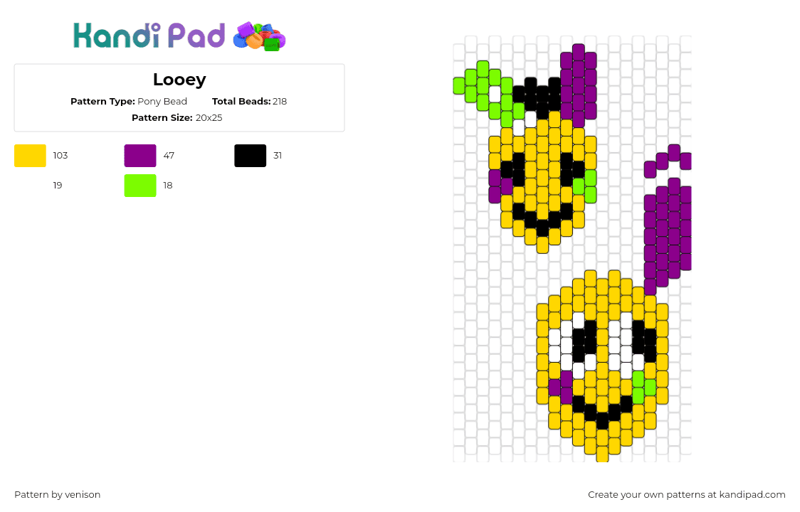 Looey - Pony Bead Pattern by venison on Kandi Pad - looey,dandys world,character,charm,video game,horror,yellow,purple