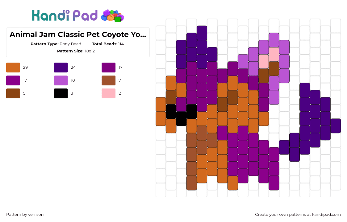 Animal Jam Classic Pet Coyote Yote Peyote - Pony Bead Pattern by venison on Kandi Pad - yote,coyote,animal jam,character,video game,purple,tan