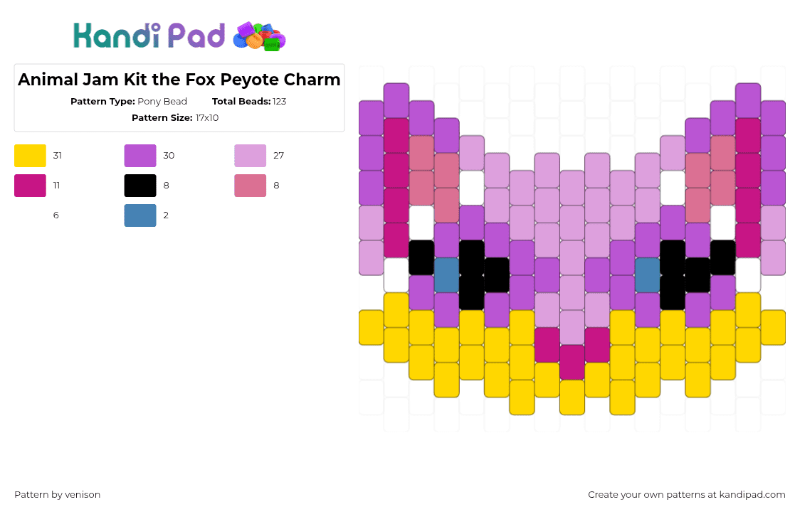 Animal Jam Kit the Fox Peyote Charm - Pony Bead Pattern by venison on Kandi Pad - kit,animal jam,fox,head,video game,character,charm,purple,yellow