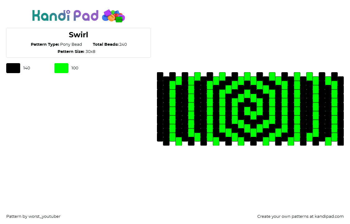 Swirl - Pony Bead Pattern by worst_youtuber on Kandi Pad - spiral,swirl,hypnotic,neon,trippy,cuff,black,green