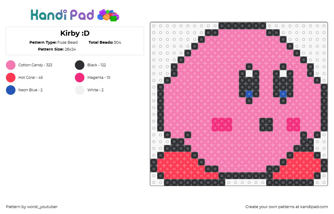 Kirby :D - Fuse Bead Pattern by worst_youtuber on Kandi Pad - kirby,nintendo,character,video game,cute,simple,pink