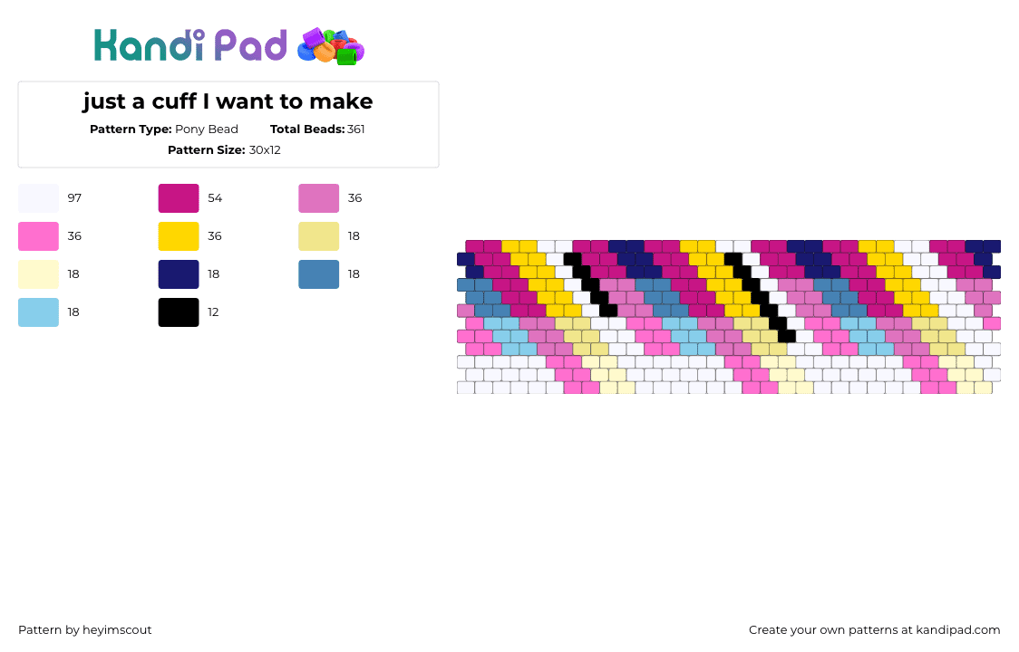 just a cuff I want to make - Pony Bead Pattern by heyimscout on Kandi Pad - diagonal,stripes,colorful,light,cuff,pink,yellow,teal,white