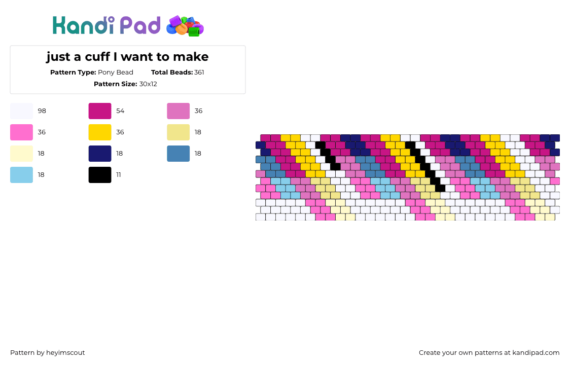 just a cuff I want to make - Pony Bead Pattern by heyimscout on Kandi Pad - diagonal,stripes,colorful,light,cuff,pink,yellow,teal,white