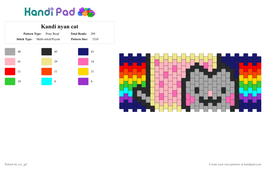 Kandi nyan cat - Pony Bead Pattern by ccc_grl on Kandi Pad - purple,yellow,pink,beige,bracelet,challenge,fun,neon,cat,cute,silly,gyaru