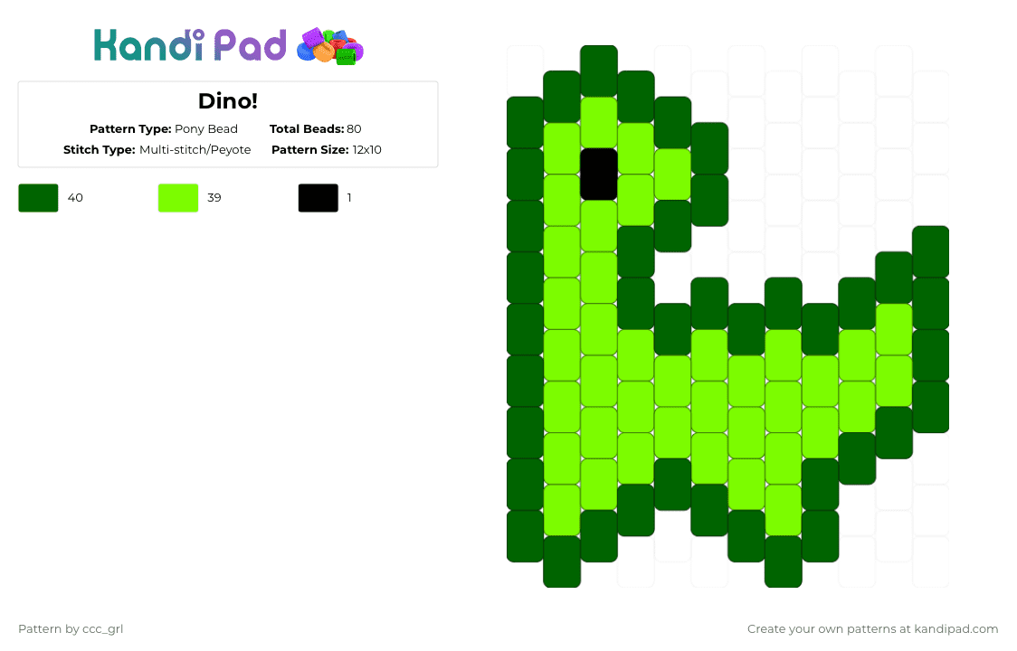 Dino! - Pony Bead Pattern by ccc_grl on Kandi Pad - green,charm,dinosaur,kandi,challenge,dino,cute,kandi charm,rawr