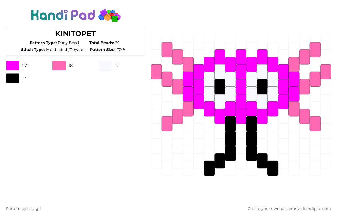 KINITOPET - Pony Bead Pattern by ccc_grl on Kandi Pad - pink,kinito,kinitopet,charm,kandi,peyote,ladder,easy,axolotl