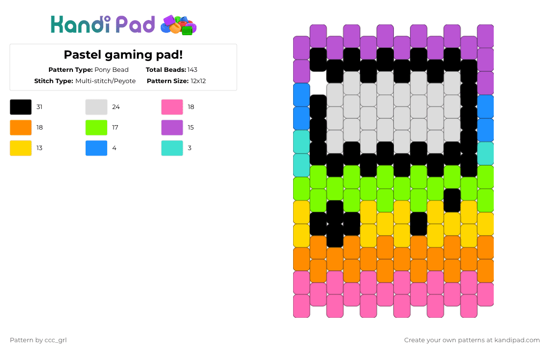 Pastel gaming pad! - Pony Bead Pattern by ccc_grl on Kandi Pad - pink,orange,green,kandi,charm,kandi charm,beginner,cute,gameboy,controller,rainbow