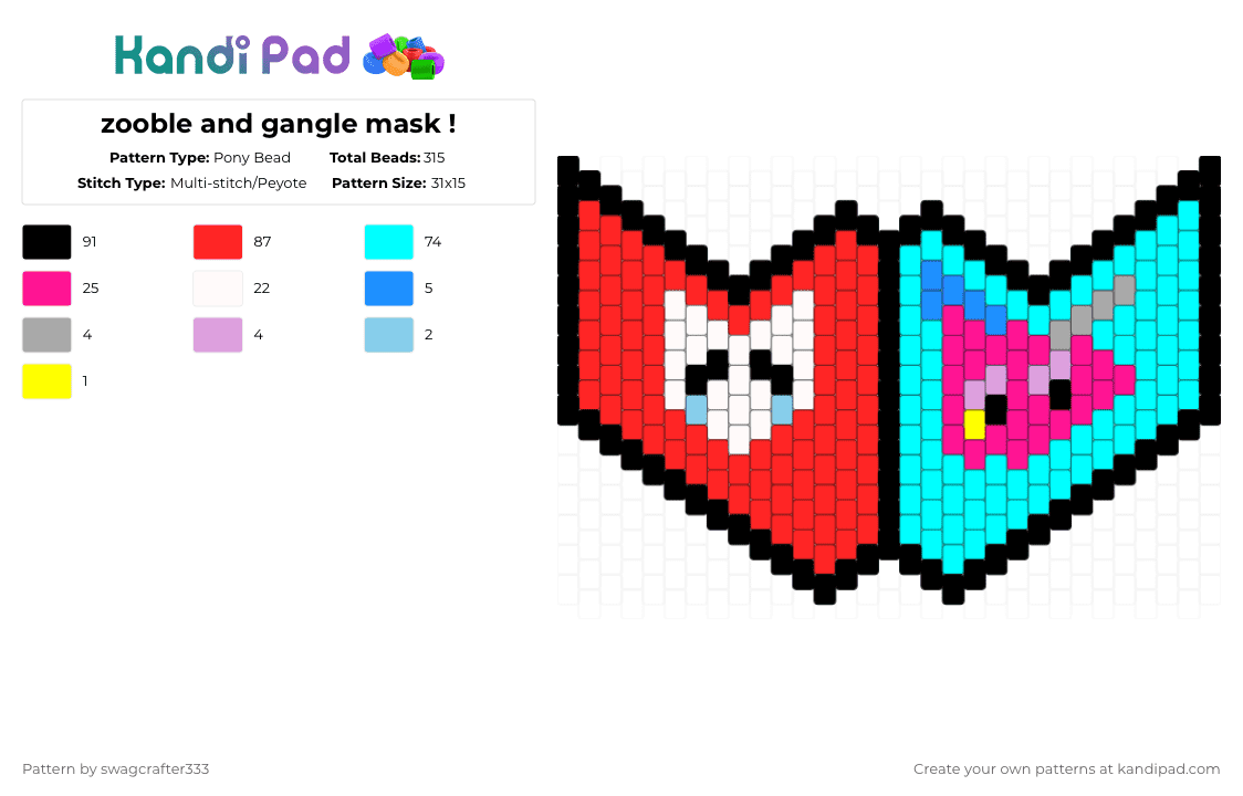 zooble and gangle mask tadc - Pony Bead Pattern by swagcrafter333 on Kandi Pad - light blue,red,tadc,zooble,gangle