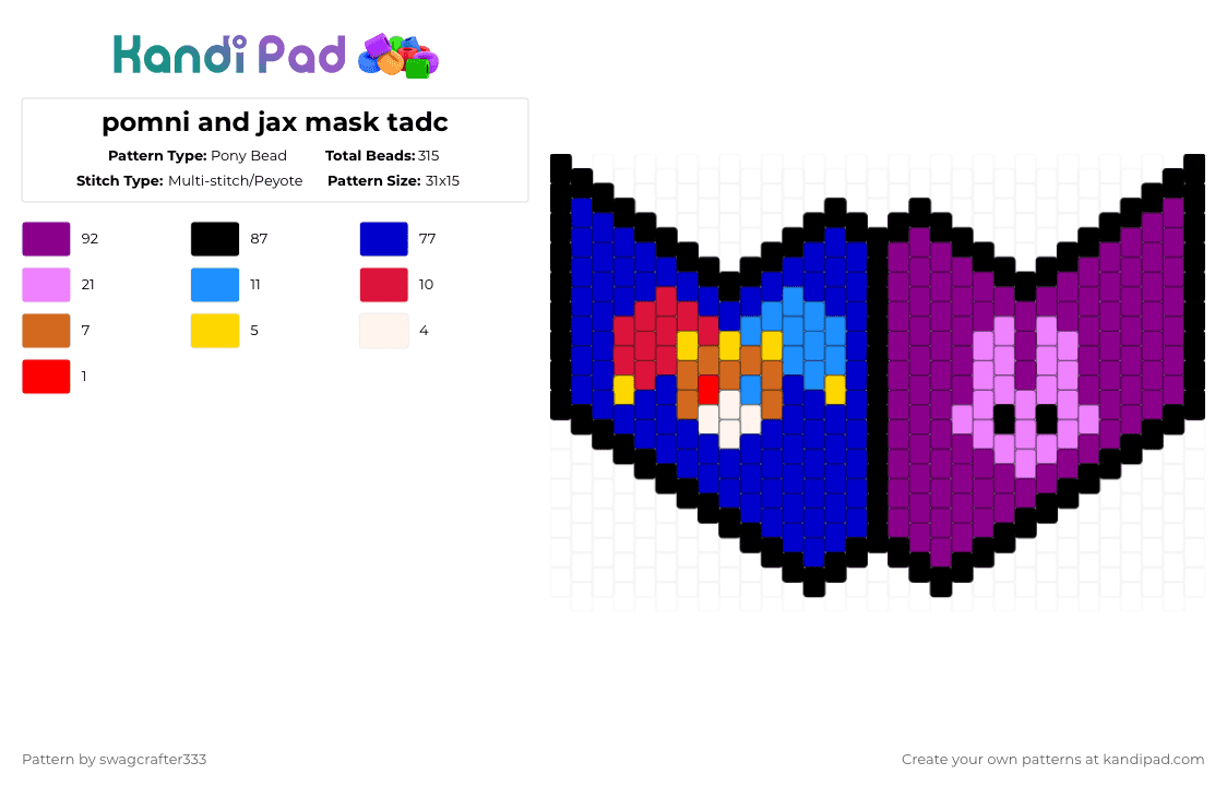 pomni and jax mask tadc - Pony Bead Pattern by swagcrafter333 on Kandi Pad - pink,purple,tadc,pomni,jax,mask,funnybunny