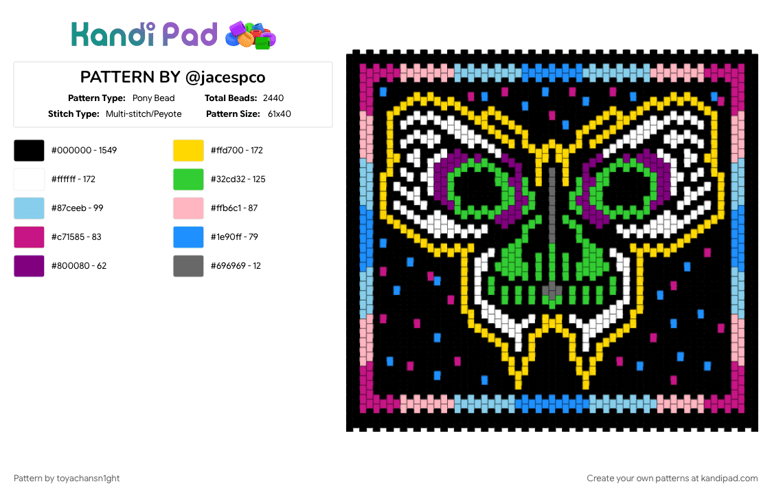 PATTERN BY @jacespco - Pony Bead Pattern by jinxchansnight on Kandi Pad - black, light blue, pink, yellow