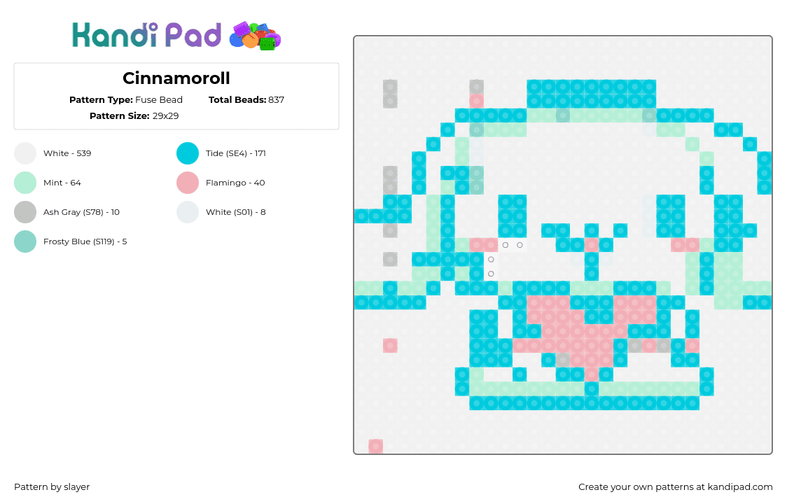 Cinnamoroll - Fuse Bead Pattern by slayer on Kandi Pad - cinnamoroll,sanrio,kawaii,character,heart,white,light blue,pink