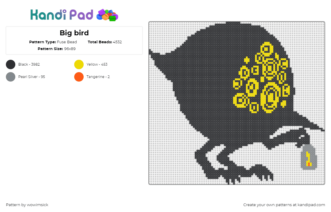 Big bird - Fuse Bead Pattern by wowimsick on Kandi Pad - big bird,lobotomy corporation,character,video game,black,yellow