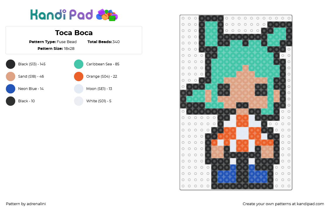 Toca Boca - Fuse Bead Pattern by adrenalini on Kandi Pad - rita,toca boca,character,video game,teal,tan,orange