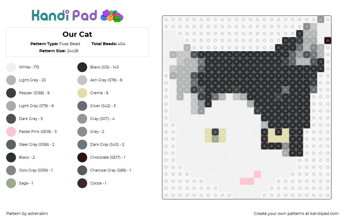 Our Cat - Fuse Bead Pattern by adrenalini on Kandi Pad - cat,pet,animal,head,white,black