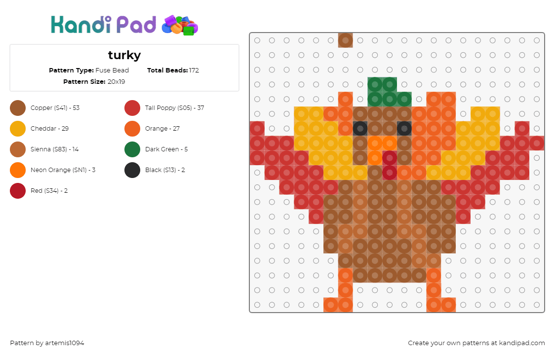turky - Fuse Bead Pattern by artemis1094 on Kandi Pad - turkey,thanksgiving,bird,animal,festive,autumn,fall,brown,red,yellow,orange