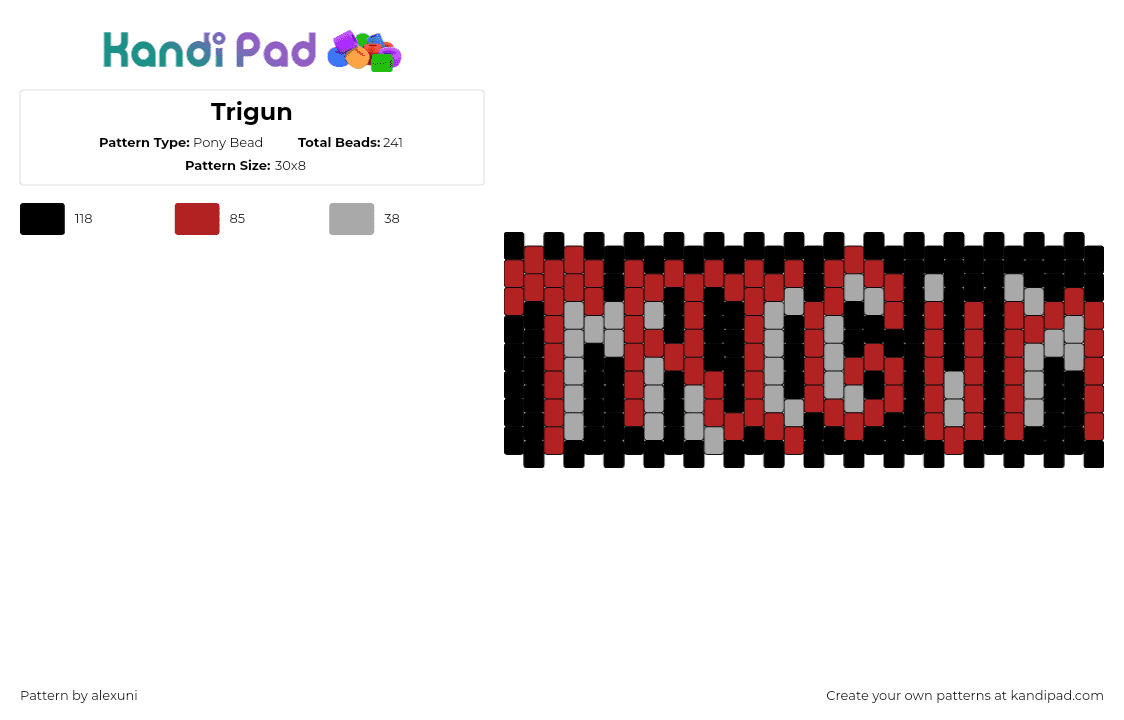 Trigun - Pony Bead Pattern by alexuni on Kandi Pad - trigun,text,manga,anime,cuff,dark,red,black,gray