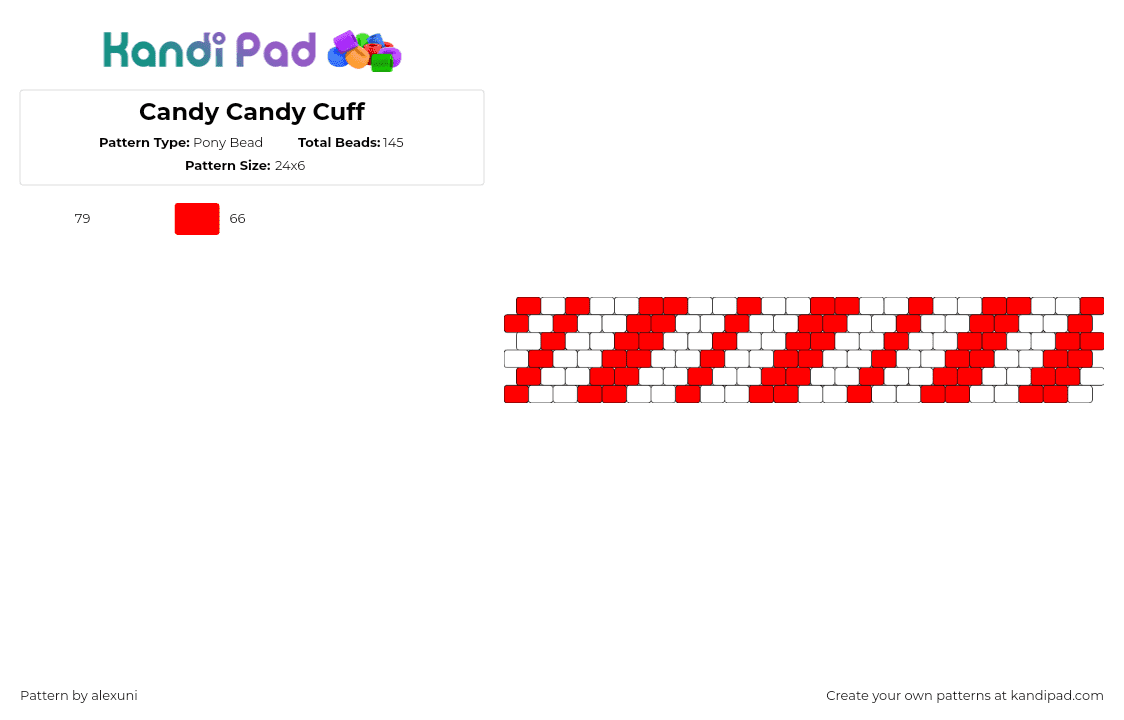 Candy Cane Cuff - Pony Bead Pattern by alexuni on Kandi Pad - candy cane,peppermint,christmas,diagonal,stripes,cuff,red,white