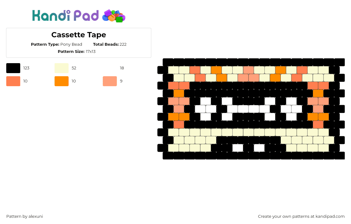 Cassette Tape - Pony Bead Pattern by alexuni on Kandi Pad - cassette,tape,retro,music,classic,nostalgia,orange,beige,black