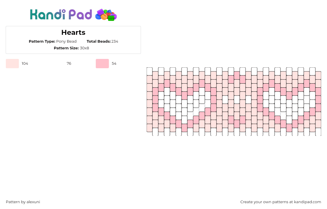 Hearts - Pony Bead Pattern by alexuni on Kandi Pad - hearts,love,pastel,valentine,cuff,cute,pink,white
