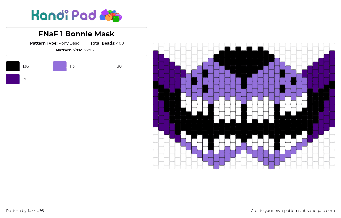 FNaF 1 Bonnie Mask - Pony Bead Pattern by fazkid99 on Kandi Pad - bonnie,fnaf,five nights at freddys,mouth,teeth,mask,video game,horror,purple,white,black