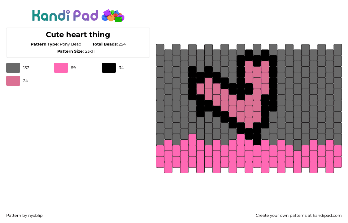 Cute heart thing - Pony Bead Pattern by nyxblip on Kandi Pad - heart,love,cuff,pink,gray