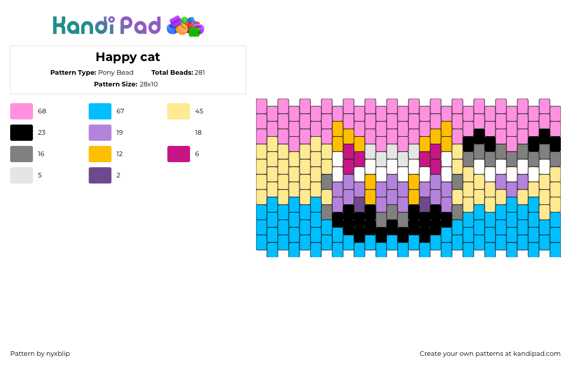 Happy cat - Pony Bead Pattern by nyxblip on Kandi Pad - pansexual,pride,cat,animal,cuff,pink,blue,yellow