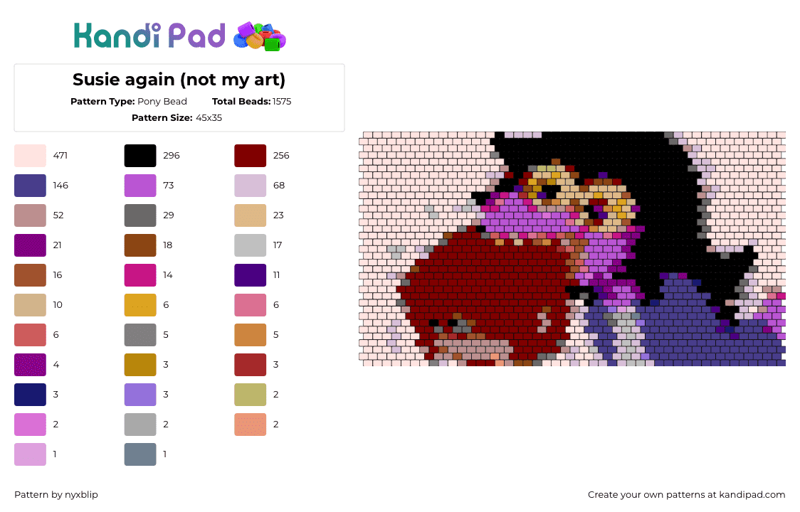 Susie again (not my art) - Pony Bead Pattern by nyxblip on Kandi Pad - susie,deltarune,video game,purple,pink,red