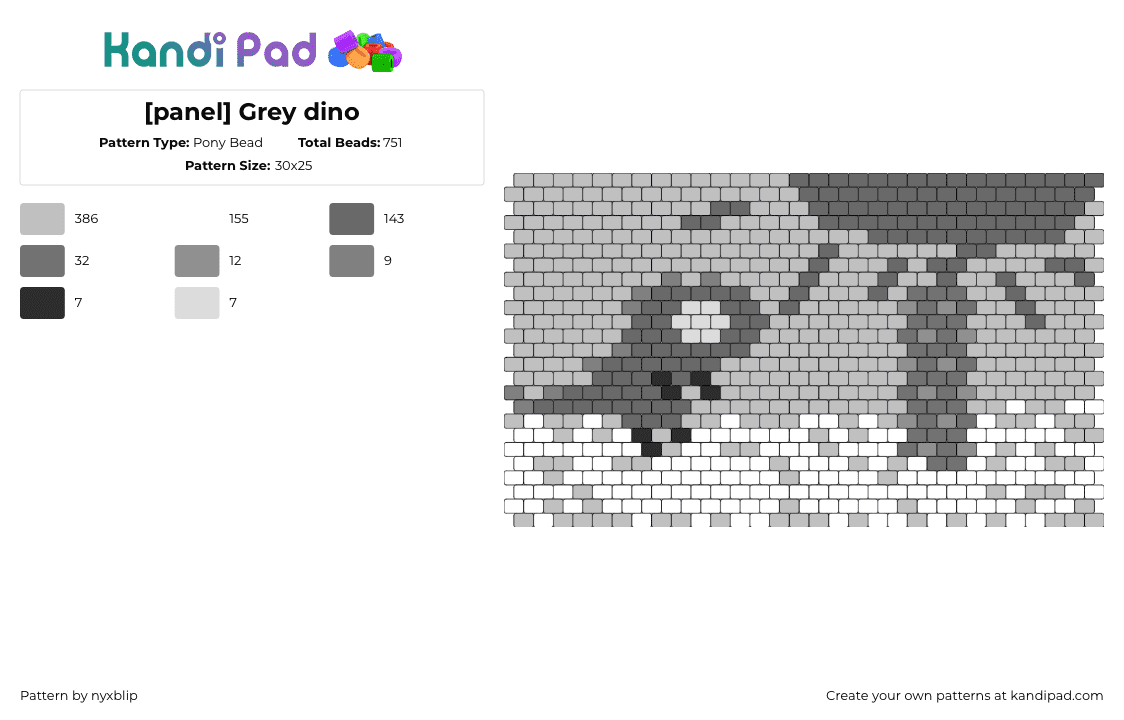 [panel] Grey dino - Pony Bead Pattern by nyxblip on Kandi Pad - dinosaur,prehistoric,panel,grayscale